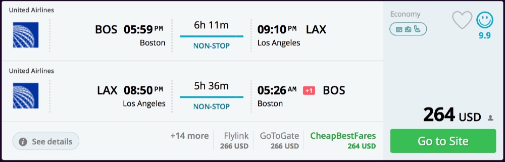 Boston to Los Angeles and vice versa for $260 R/T nonstop