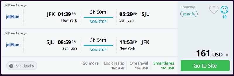 New York to San Juan, Puerto Rico for $49 O/W ($161 R/T) nonstop