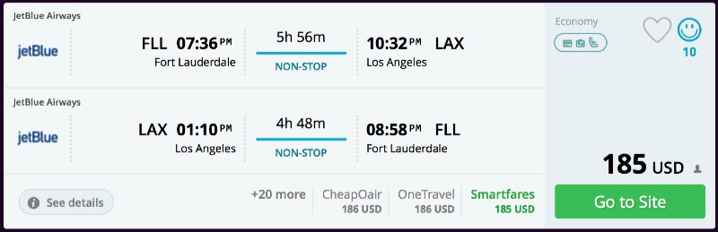 Miami (FLL) to Los Angeles or Las Vegas and vice versa for $185 R/T nonstop