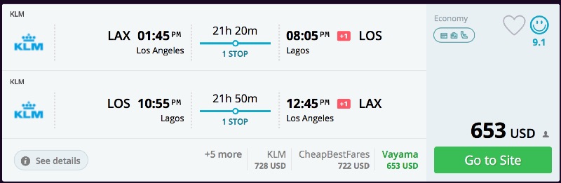 Los Angeles to Lagos, Nigeria for $653 R/T [KLM]