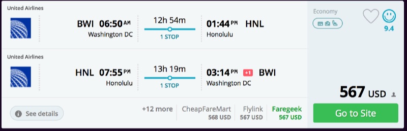 Washington (BWI) to Hawaii : Honolulu for $567 R/T [United]