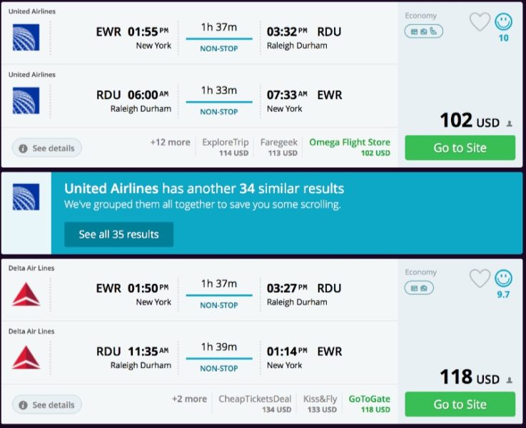 New York (EWR) to Raleigh, NC and vice versa from 102 R/T