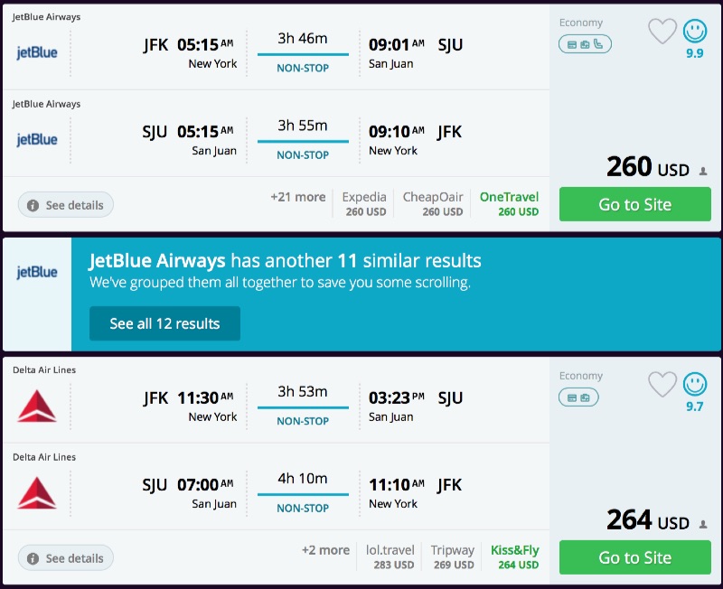 New York to San Juan, Puerto Rico from 260 R/T nonstop