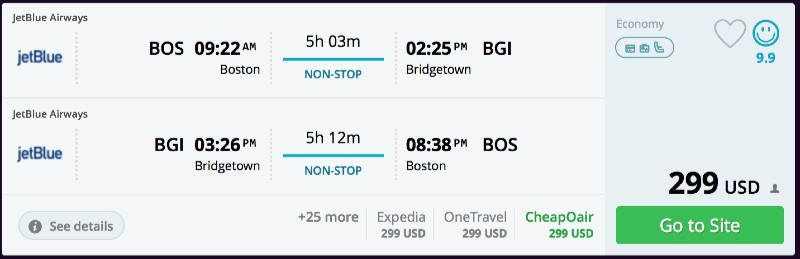 Boston to Barbados (Caribbean) for $299 R/T nonstop [JetBlue]