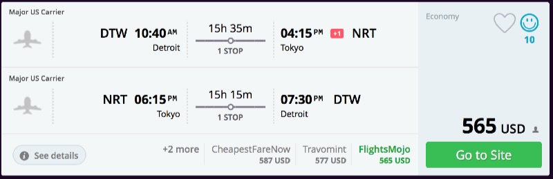 Atlanta or Detroit to Tokyo, Japan for $565 R/T [AA]