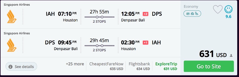 Houston to Bali for $631 R/T [Singapore Airlines]