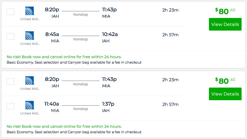 Houston to Miami area (MIA or FLL) and vice versa for $80 R/T nonstop