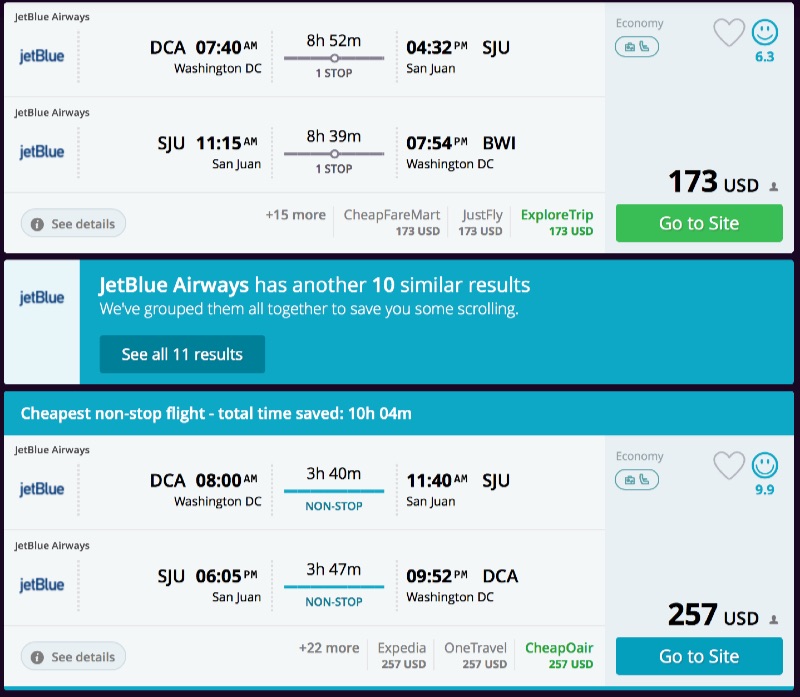 Washington DC (DCA/BWI) to San Juan, Puerto Rico from 173 R/T
