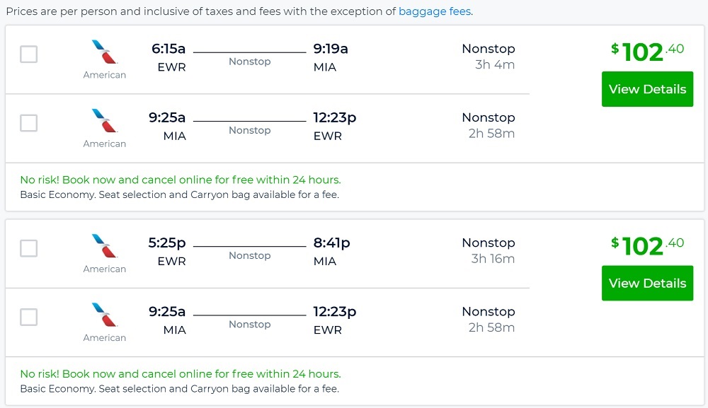 Newark to Miami for 102 R/T nonstop [AA]