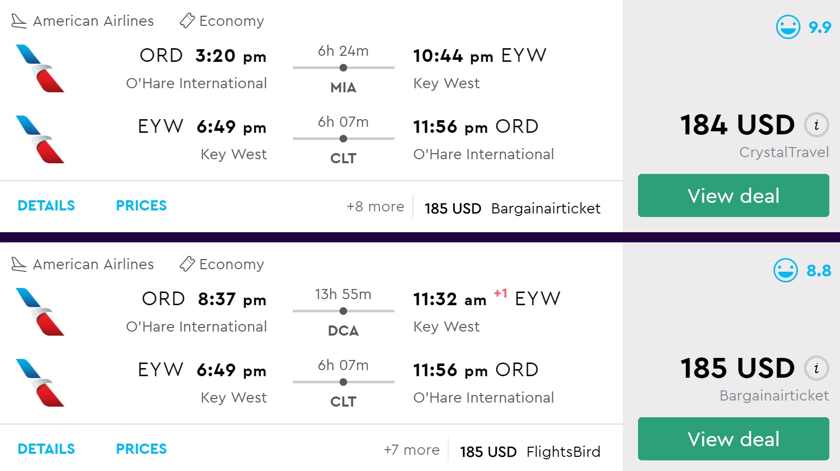 Chicago to Key West, FL and vice versa for $92 one-way