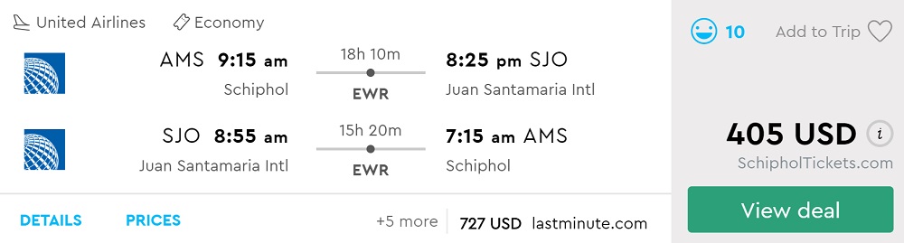 Amsterdam to San Jose (Costa Rica) for €350 round-trip