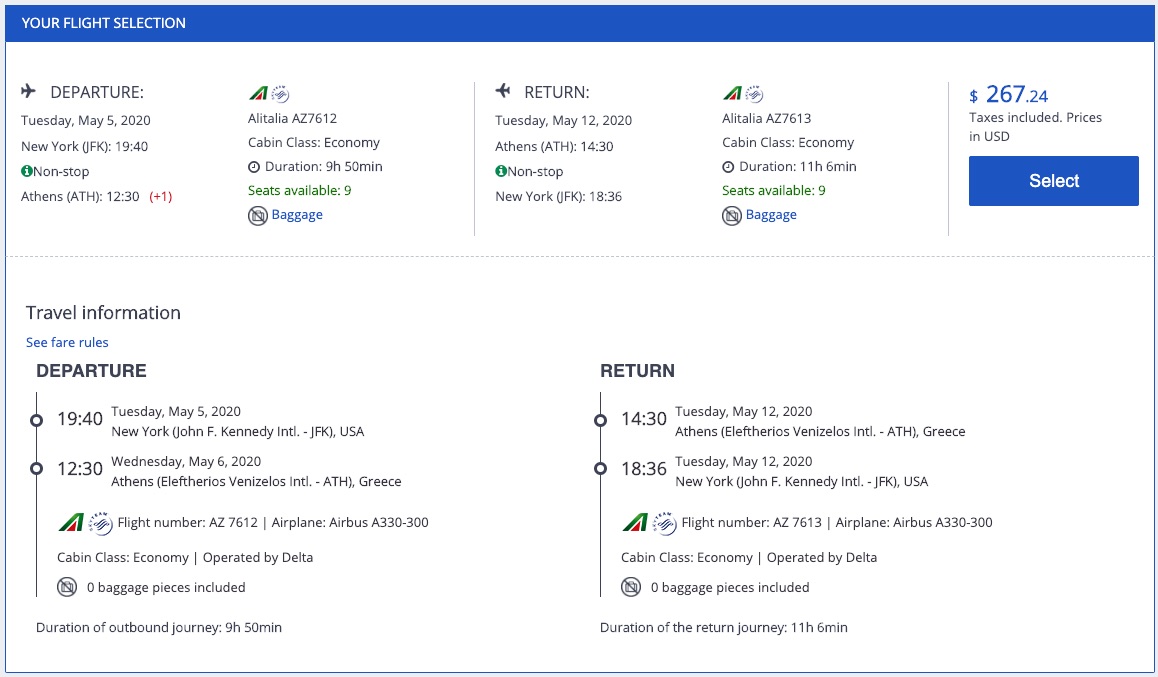 2in1 New York to Greece Athens + Greek island of Santorini, or