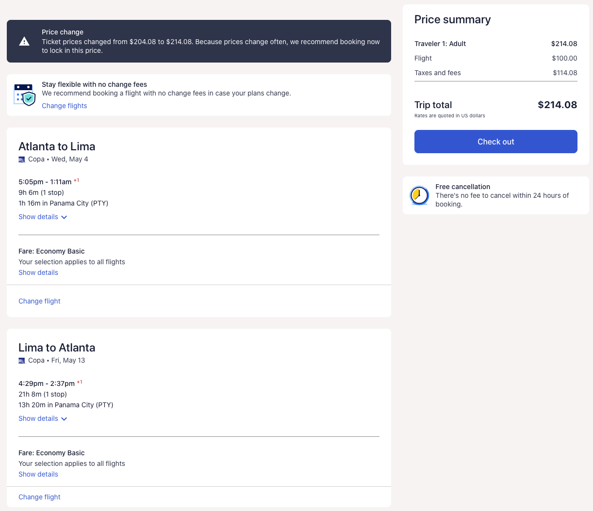 Flights to Lima, Peru from Atlanta for 214 R/T