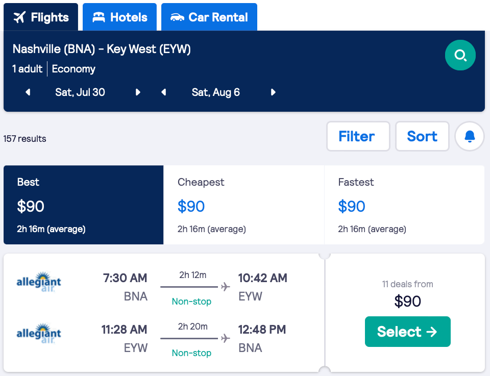 Summer nonstop flights to Key West, Florida from 41 oneway (82 R/T)