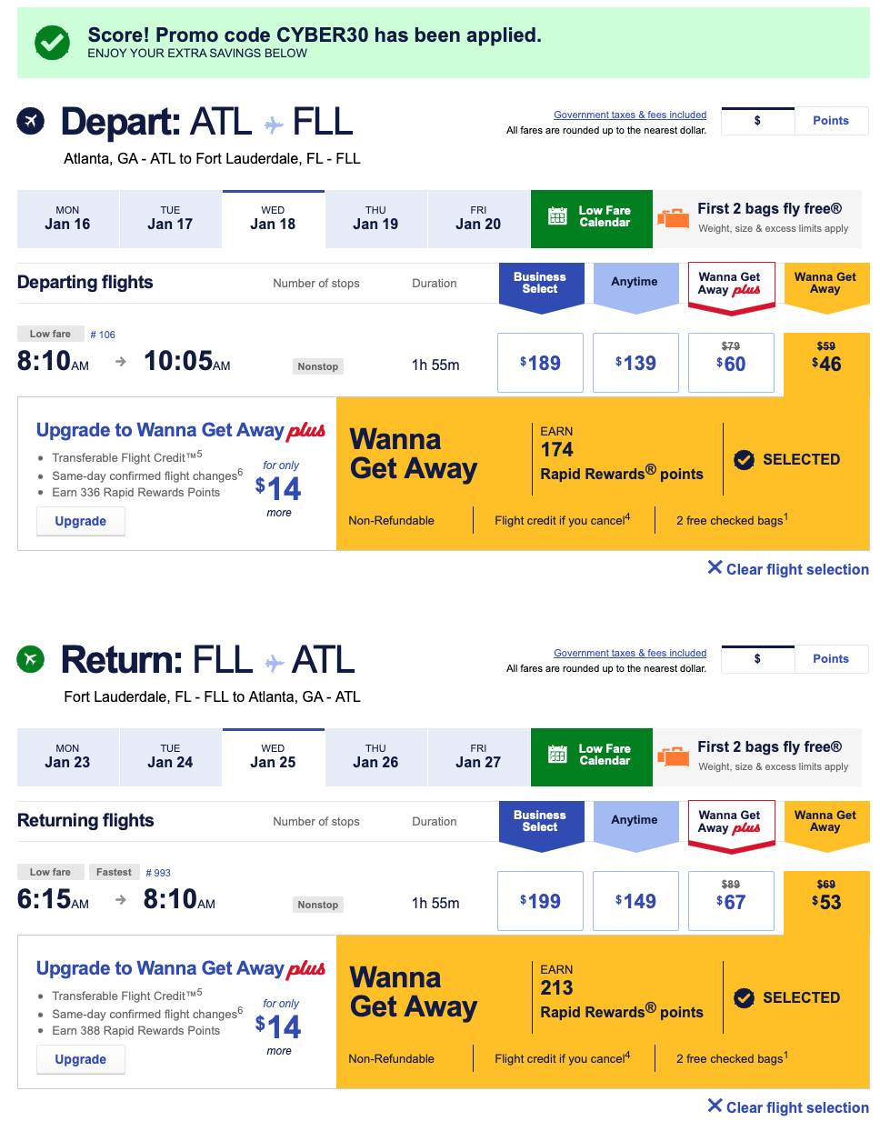 Cyber Monday Sale via Southwest; 30 off base fare with promo code