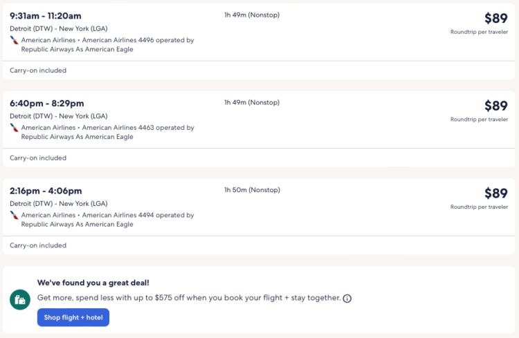 AA nonstop flights between Detroit and New York for only $45 each way